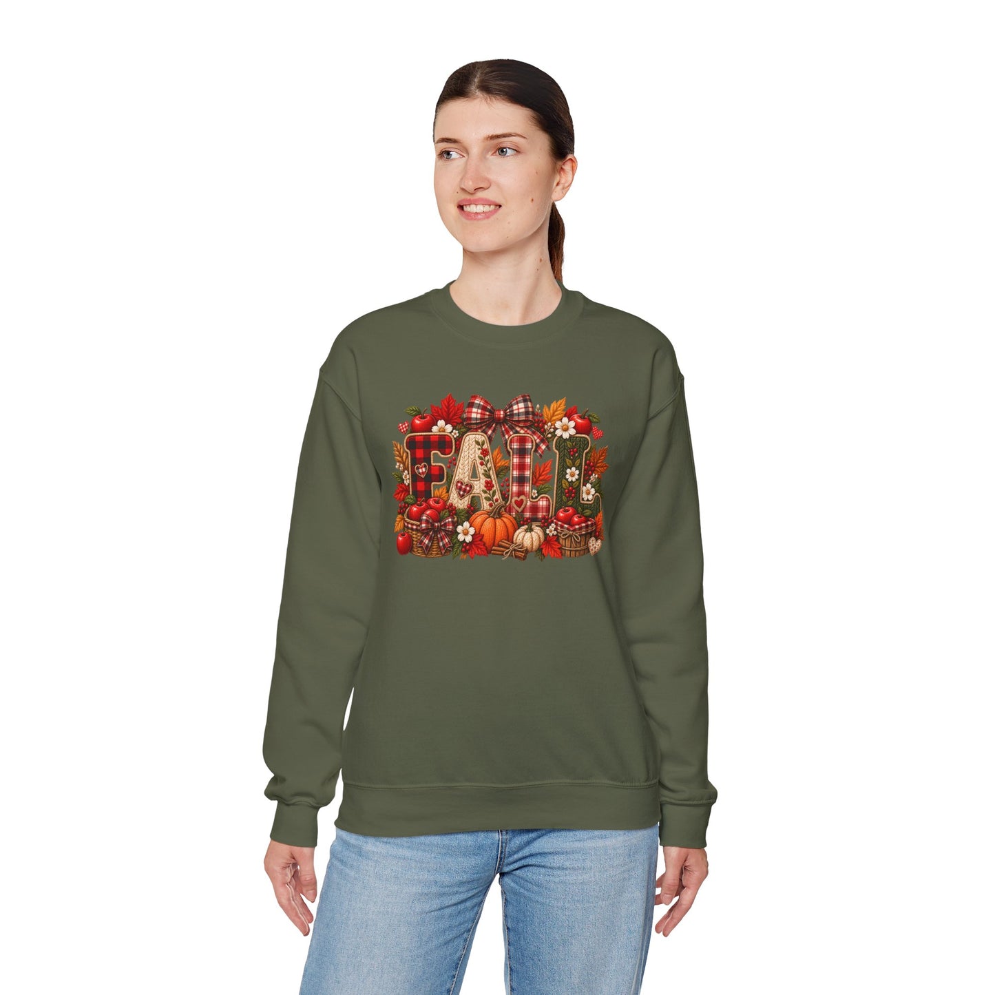 Fall Farmhouse Crewneck Sweatshirt — Pumpkin, Plaid & Autumn Decor Graphic