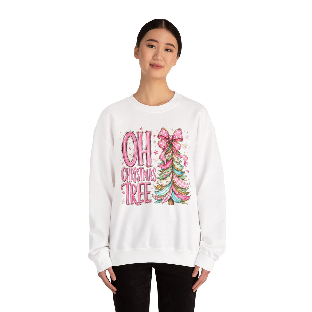 Oh Christmas Tree Sweatshirt | Pink Bow Christmas Crewneck for Women | Girly Holiday Graphic Sweatshirt