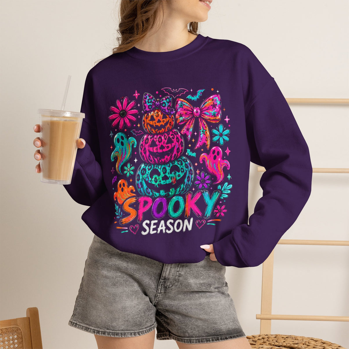 Spooky Season Sweatshirt — Colorful Neon Halloween Pumpkin & Ghost Crewneck