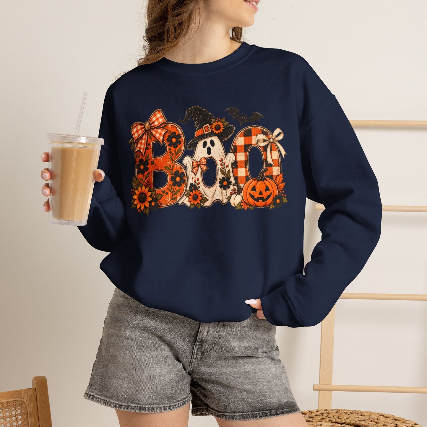 Halloween "Boo" Crewneck Sweatshirt — Cute Pumpkin & Ghost Fall Pullover