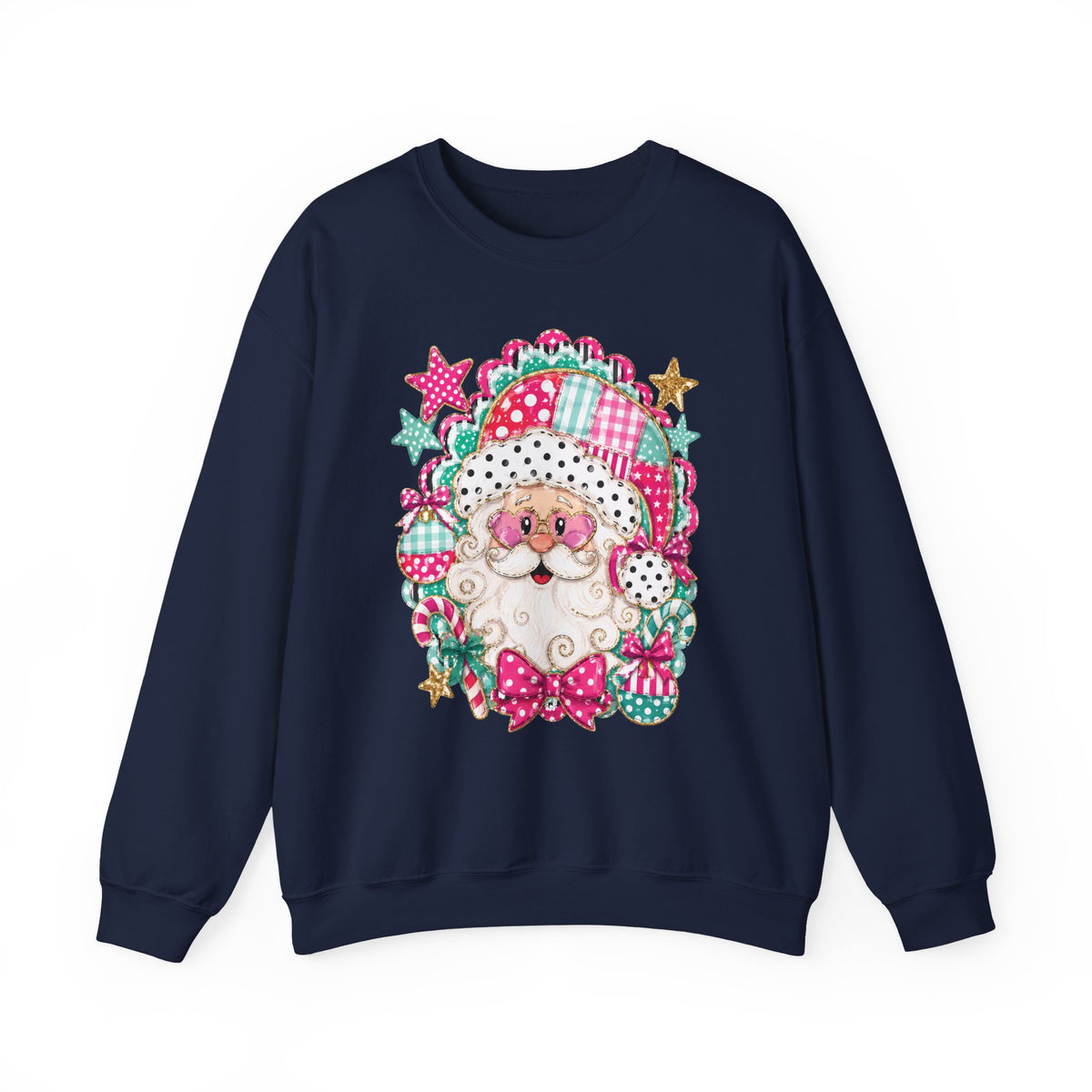 Pink Patchwork Santa Sweatshirt — Cute Christmas Crewneck for Women & Kids