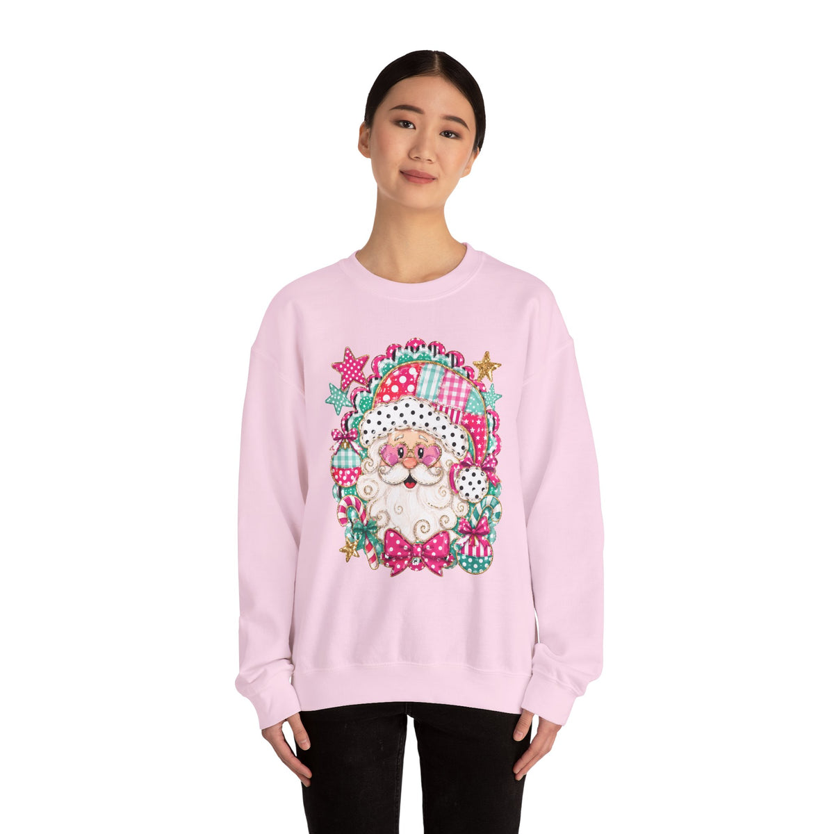 Pink Patchwork Santa Sweatshirt — Cute Christmas Crewneck for Women & Kids