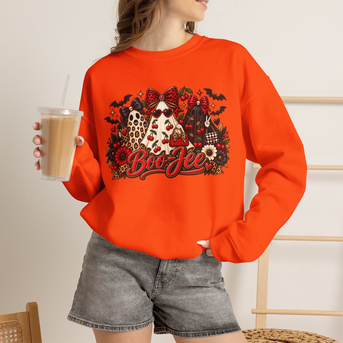 Halloween Boo Crewneck Sweatshirt — Cute Ghosts, Bats & Plaid Pumpkin Design