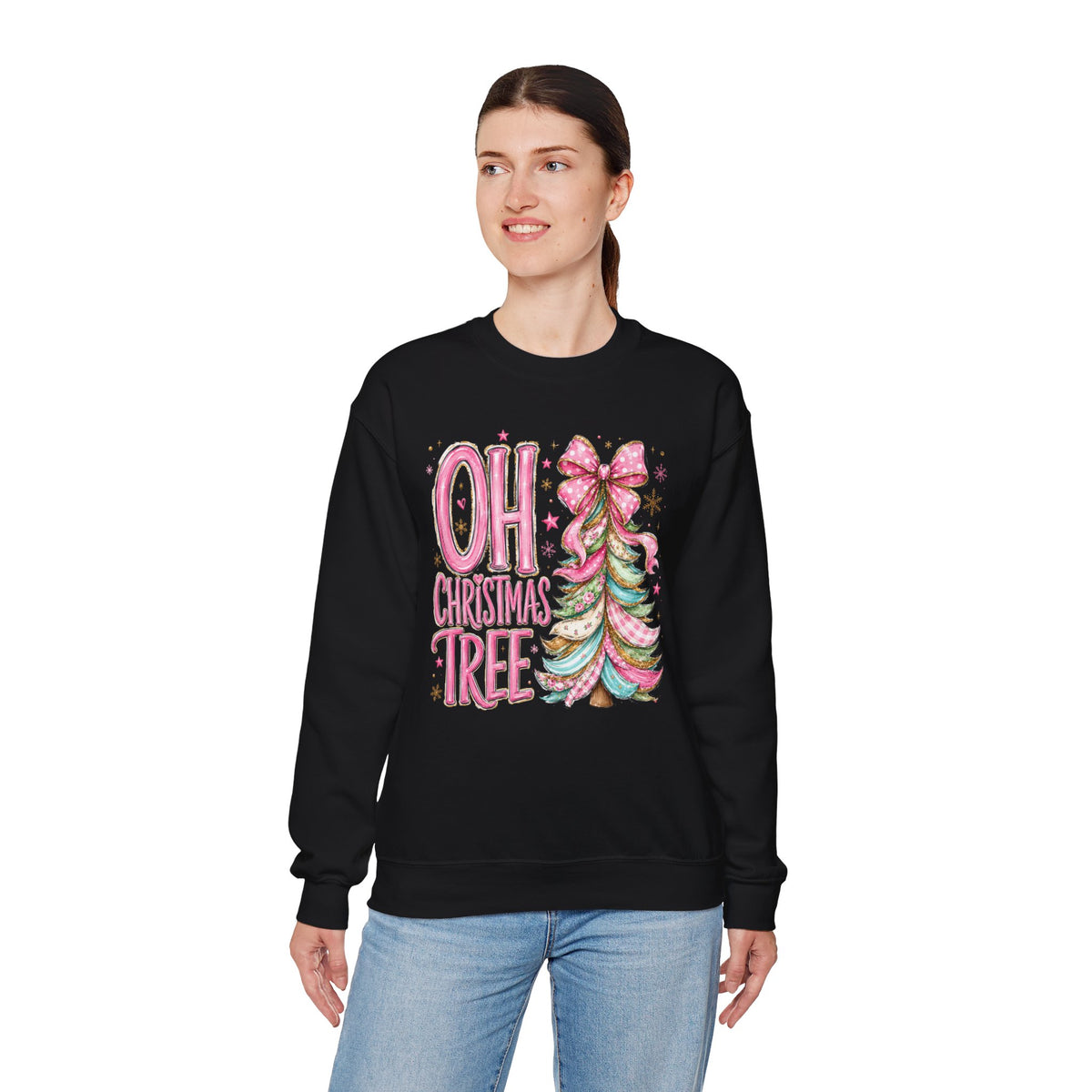 Oh Christmas Tree Sweatshirt | Pink Bow Christmas Crewneck for Women | Girly Holiday Graphic Sweatshirt