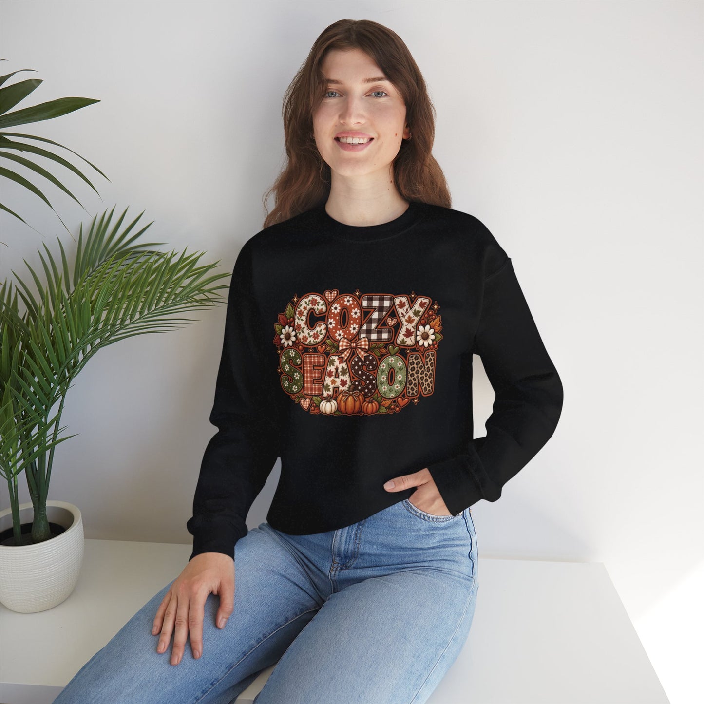 Cozy Season lettering crewneck | autumn pumpkins leaves sweatshirt