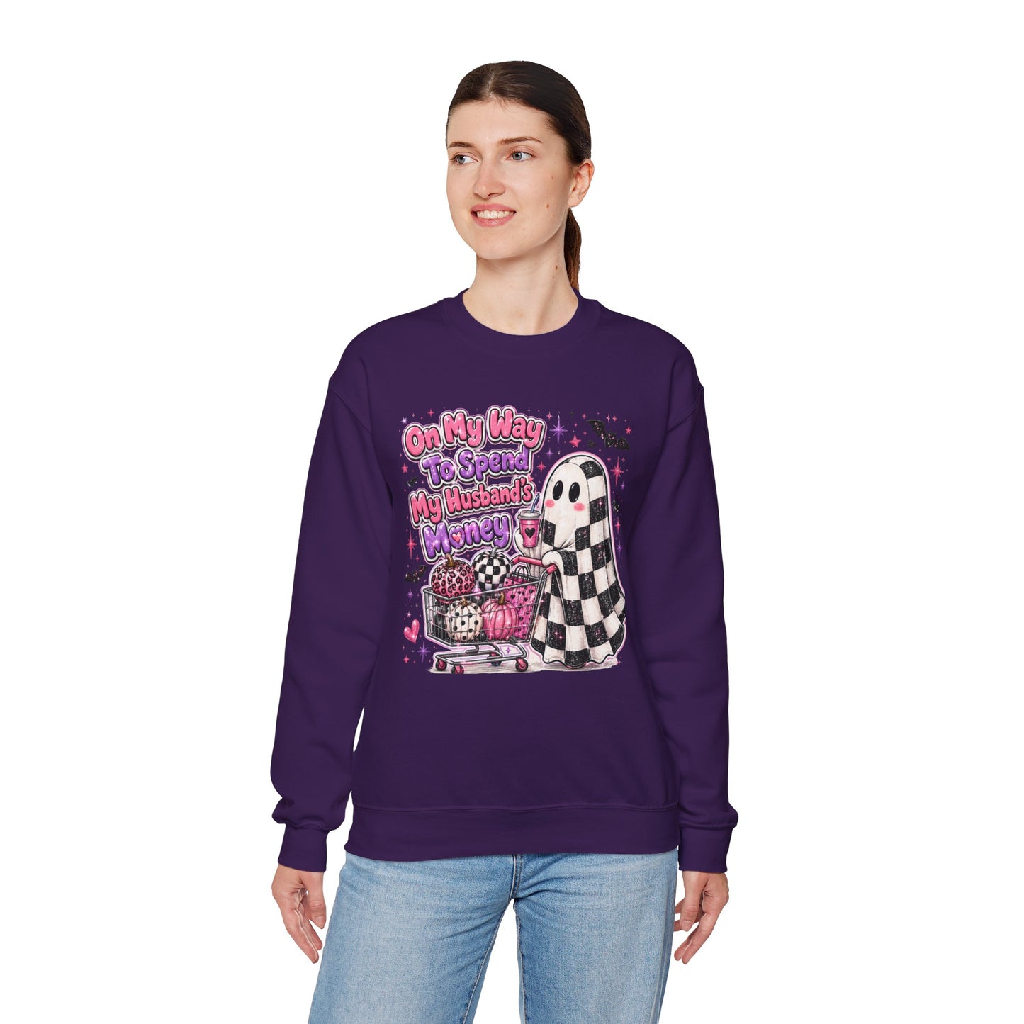 Ghost Shopping Crewneck Sweatshirt — "On My Way to Spend My Husband’s Money" Cute Gothic Halloween Pullover