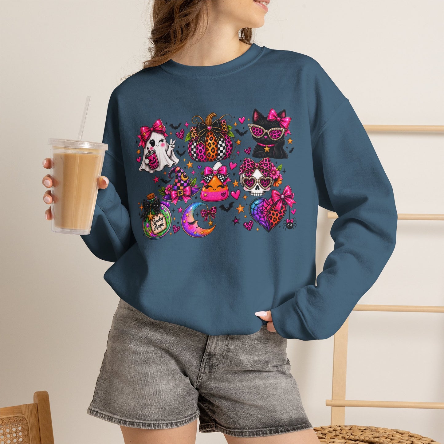 Halloween Cat & Pumpkin Crewneck Sweatshirt — Colorful Spooky Cute Design