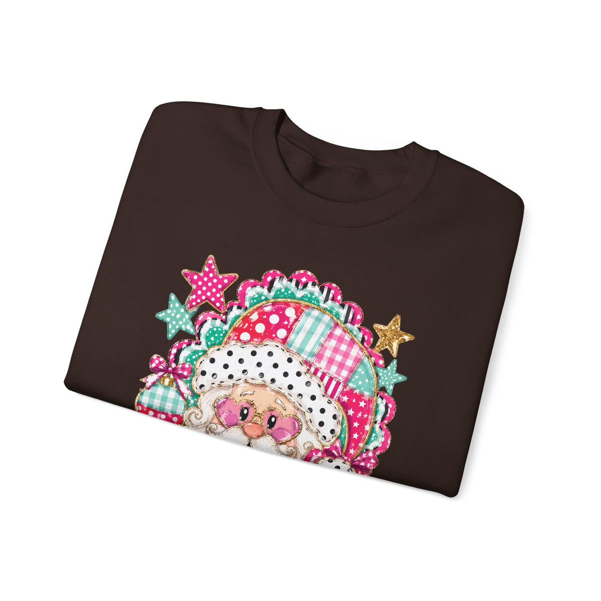 Pink Patchwork Santa Sweatshirt — Cute Christmas Crewneck for Women & Kids
