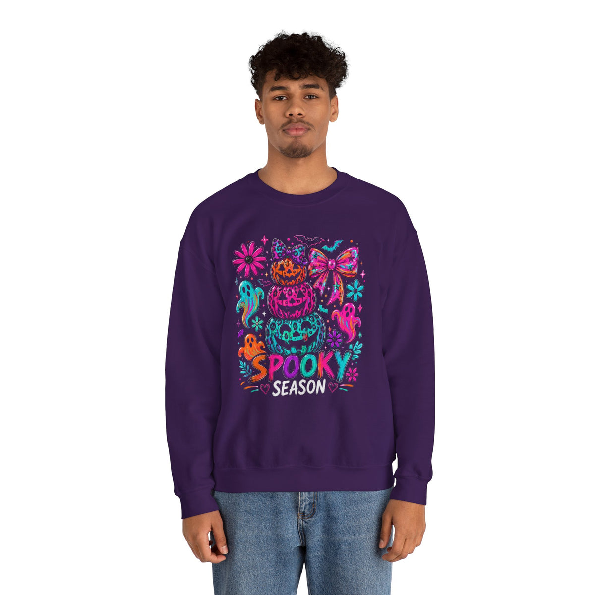Spooky Season Sweatshirt — Colorful Neon Halloween Pumpkin & Ghost Crewneck