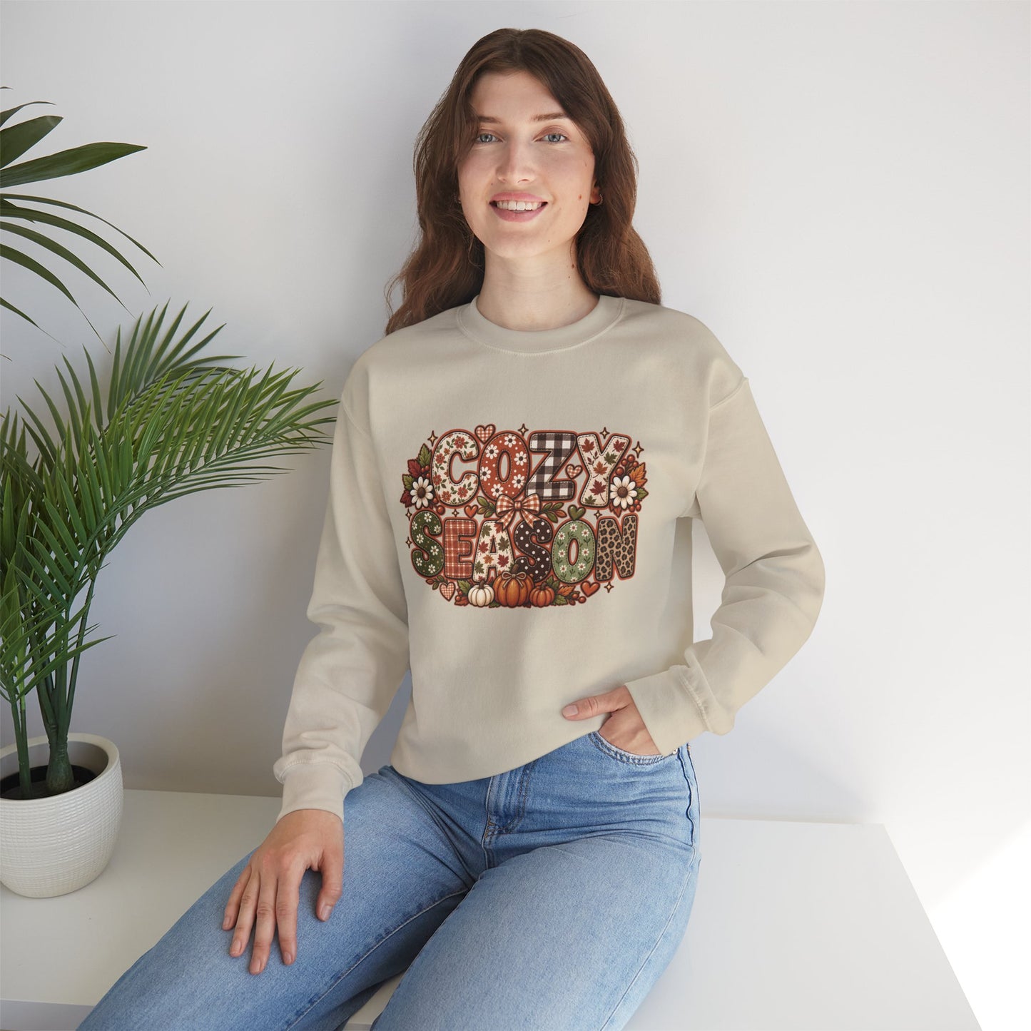 Cozy Season lettering crewneck | autumn pumpkins leaves sweatshirt