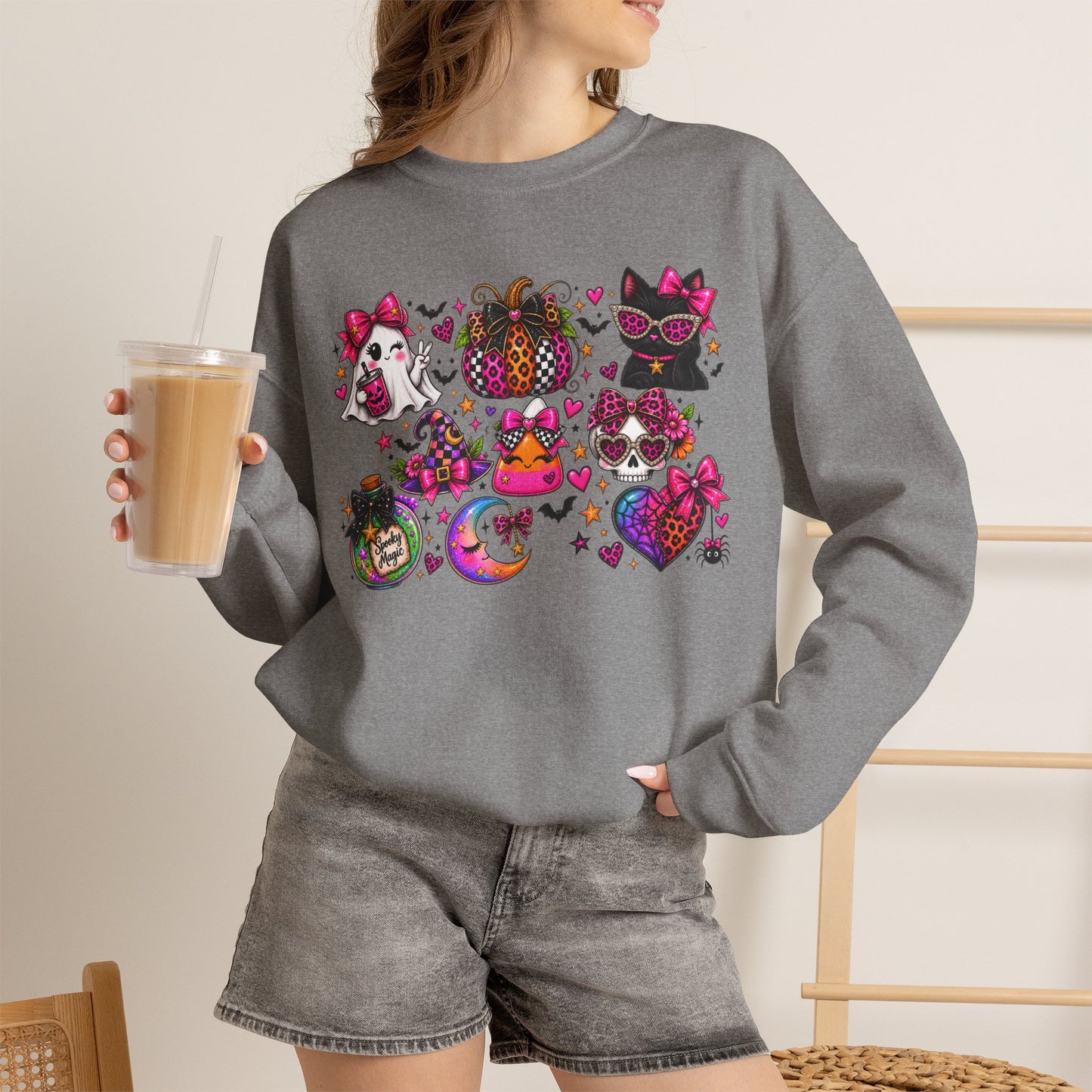 Halloween Cat & Pumpkin Crewneck Sweatshirt — Colorful Spooky Cute Design