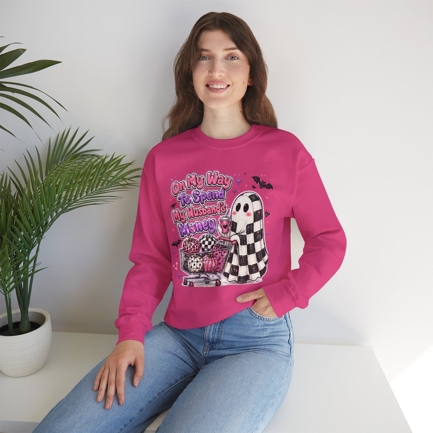 Ghost Shopping Crewneck Sweatshirt — "On My Way to Spend My Husband’s Money" Cute Gothic Halloween Pullover