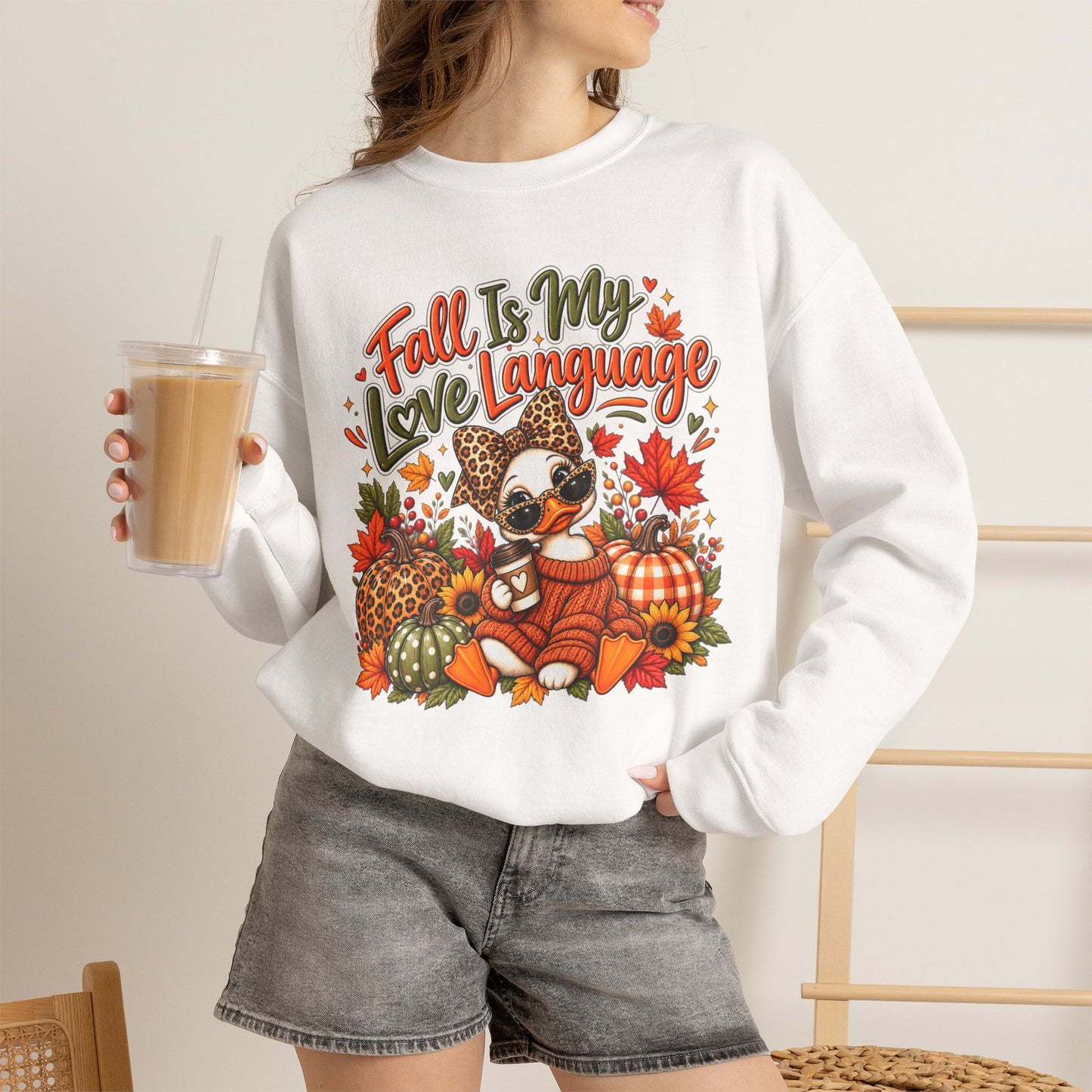 Fall Is My Love Language Duck Sweatshirt — Cute Autumn Duck & Pumpkins Crewneck