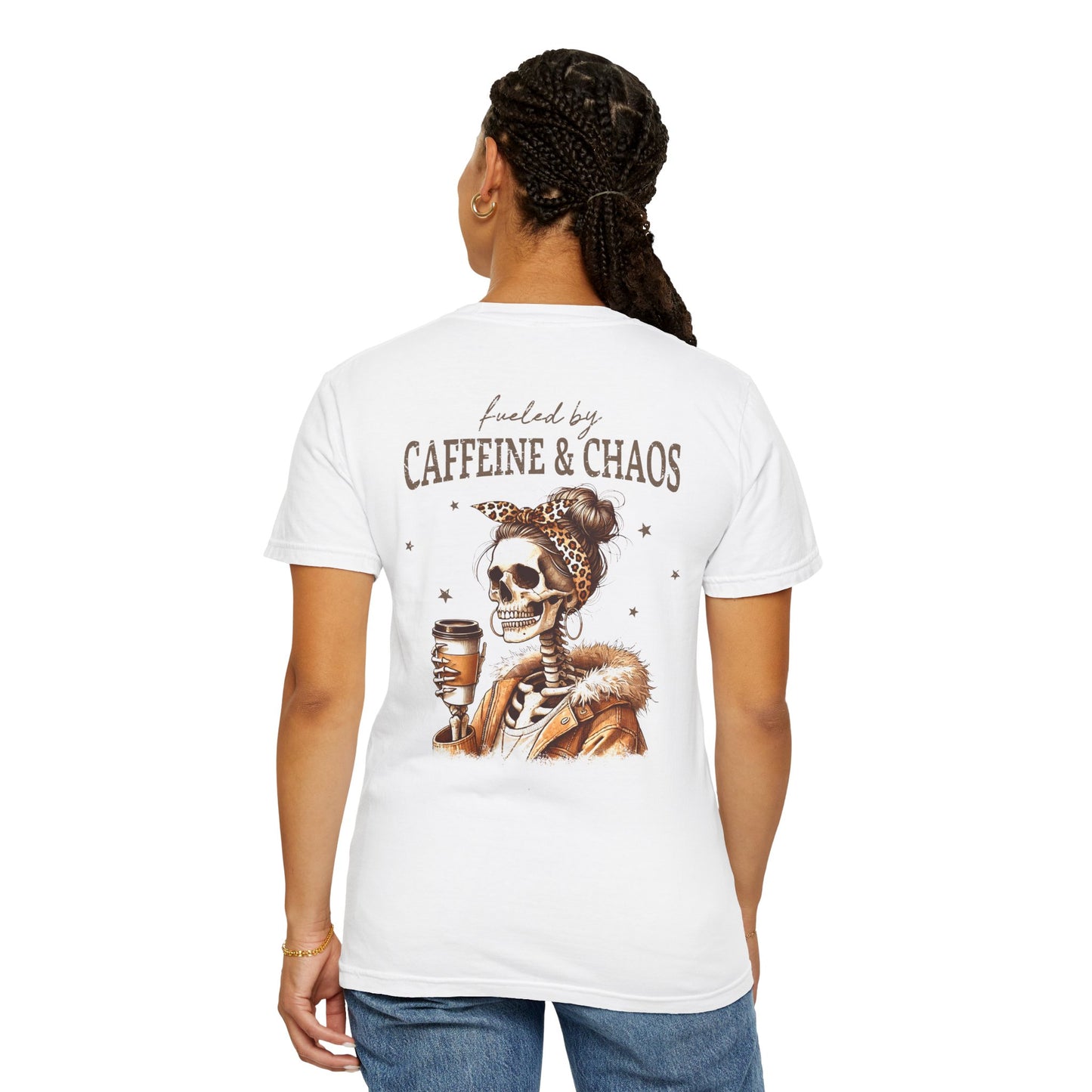 Caffeine & Chaos Skull Tee — Coffee Lover Skeleton Graphic T-Shirt