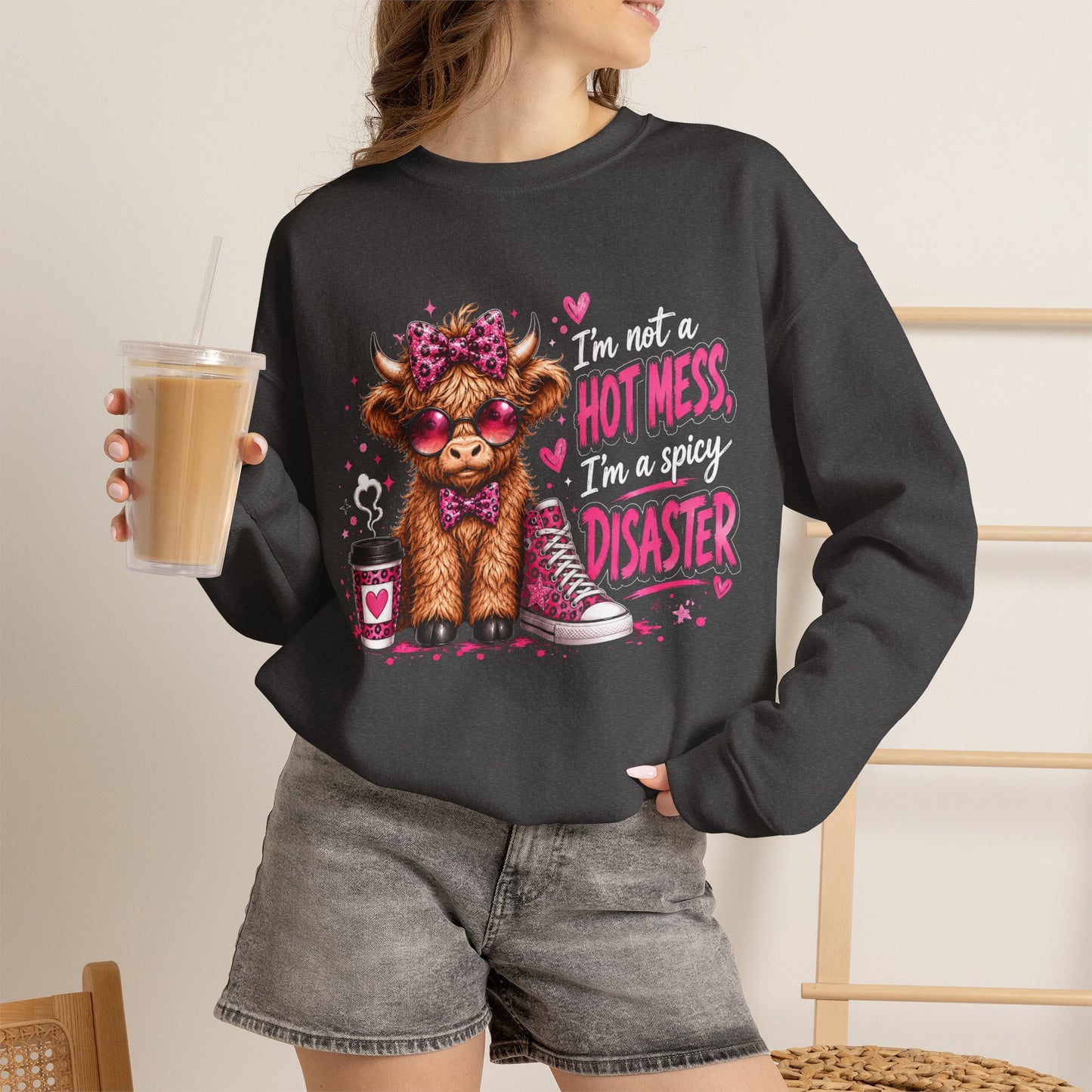 Spicy Disaster Dog Crewneck Sweatshirt — “I’m not a hot mess, I’m a spicy disaster” Graphic Sweatshirt