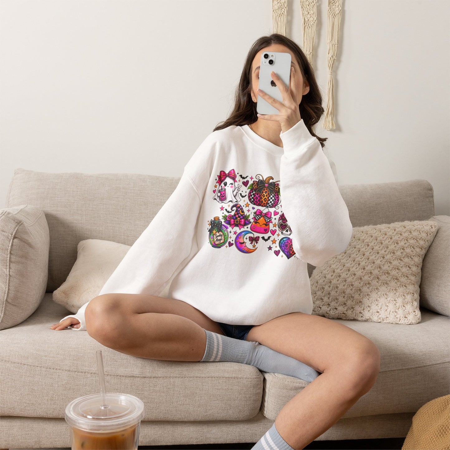 Halloween Cat & Pumpkin Crewneck Sweatshirt — Colorful Spooky Cute Design