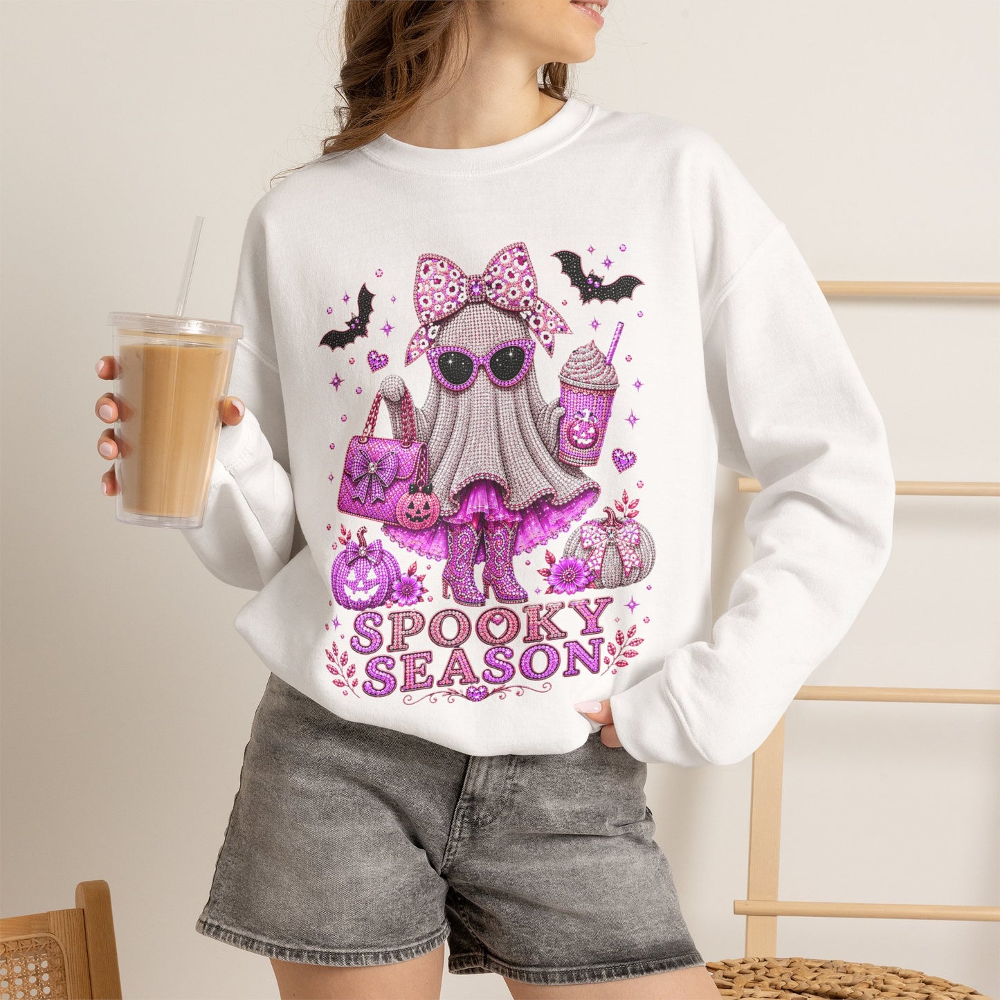 Spooky Season Ghost Crewneck Sweatshirt — Cute Pink Halloween Graphic