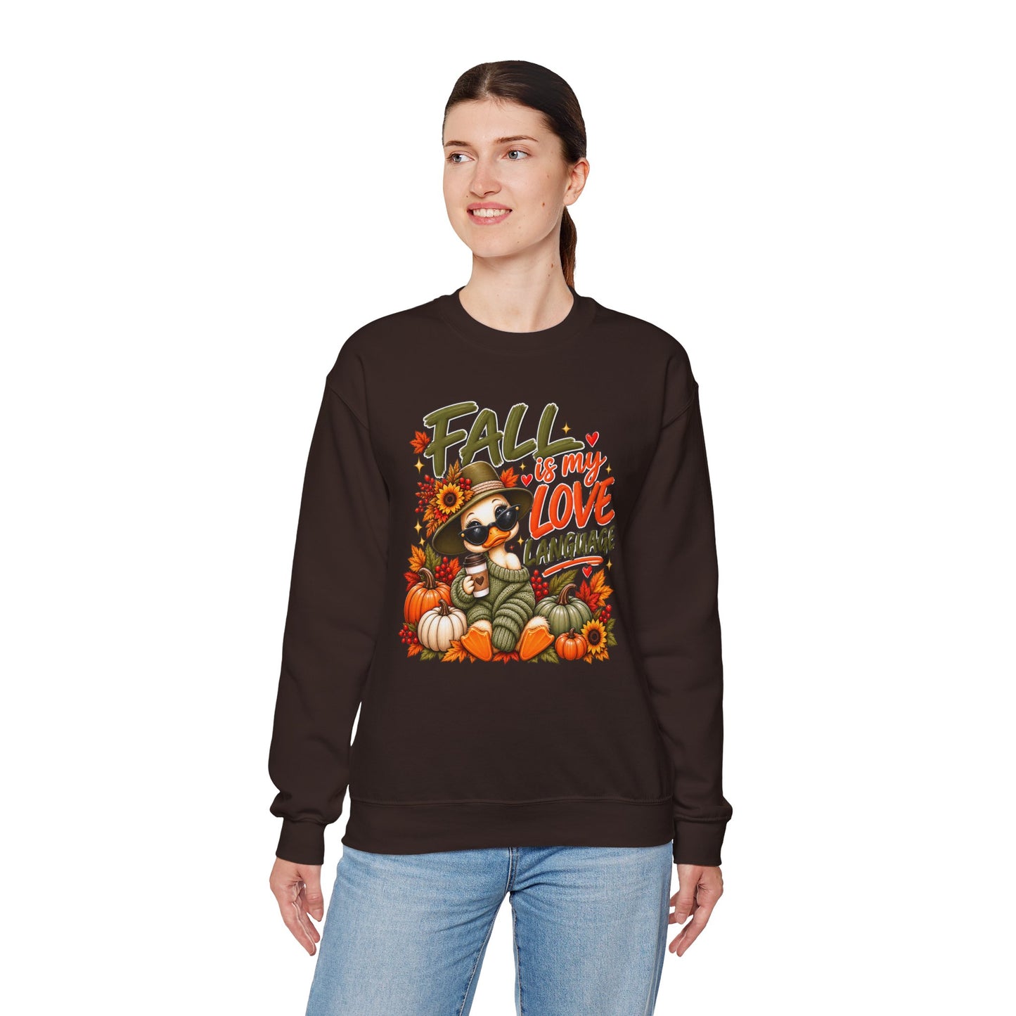 Fall Is My Love Language Sweatshirt — Cute Duck & Pumpkin Autumn Crewneck