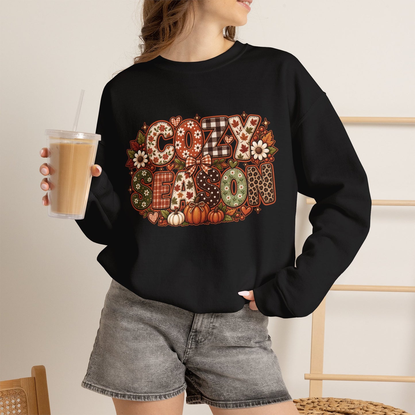 Cozy Season lettering crewneck | autumn pumpkins leaves sweatshirt