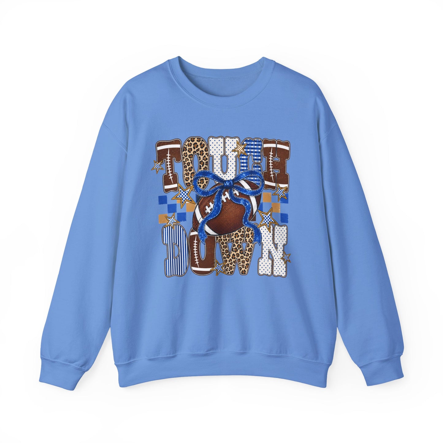 Touchdown Football Crewneck Sweatshirt — Blue & Leopard Print Game Day Pullover