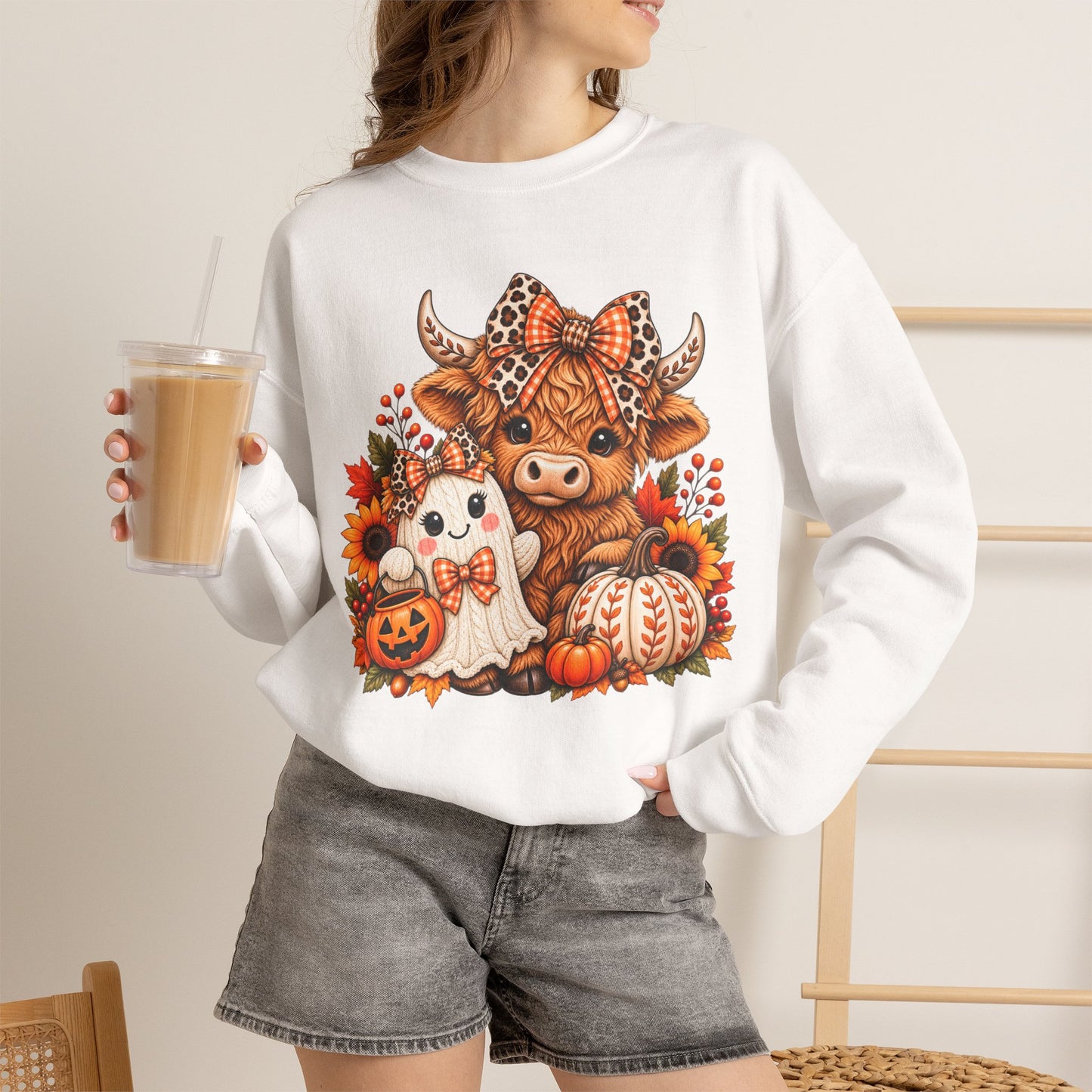 Autumn Highland Cow & Ghost Crewneck Sweatshirt — Cute Halloween Fall Graphic