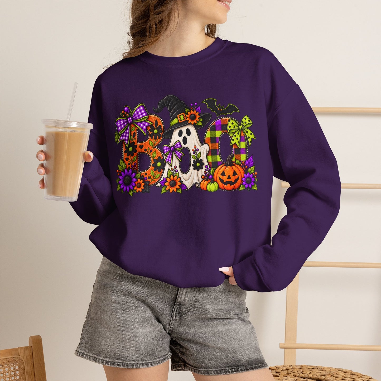 Halloween "BOO!" Crewneck Sweatshirt — Cute Spooky Ghost & Pumpkin Pullover