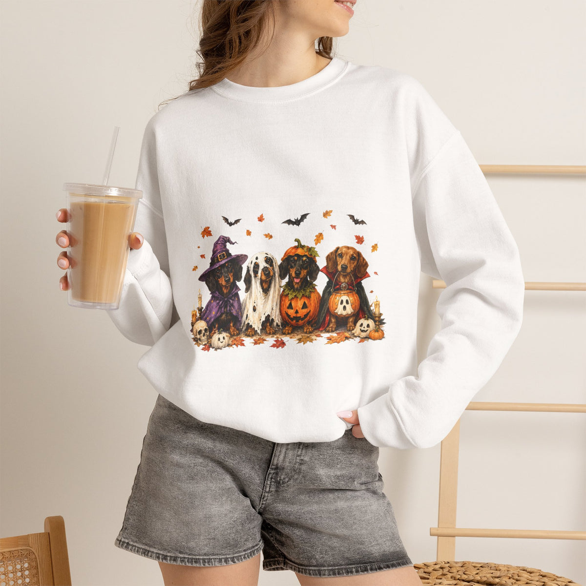 Halloween Dogs Crewneck Sweatshirt — Cute Pups in Witch Hats & Jack‑o’‑Lanterns
