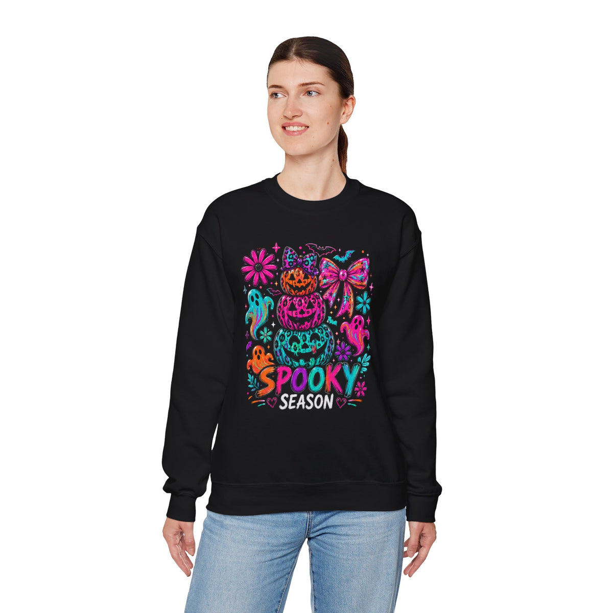 Spooky Season Sweatshirt — Colorful Neon Halloween Pumpkin & Ghost Crewneck
