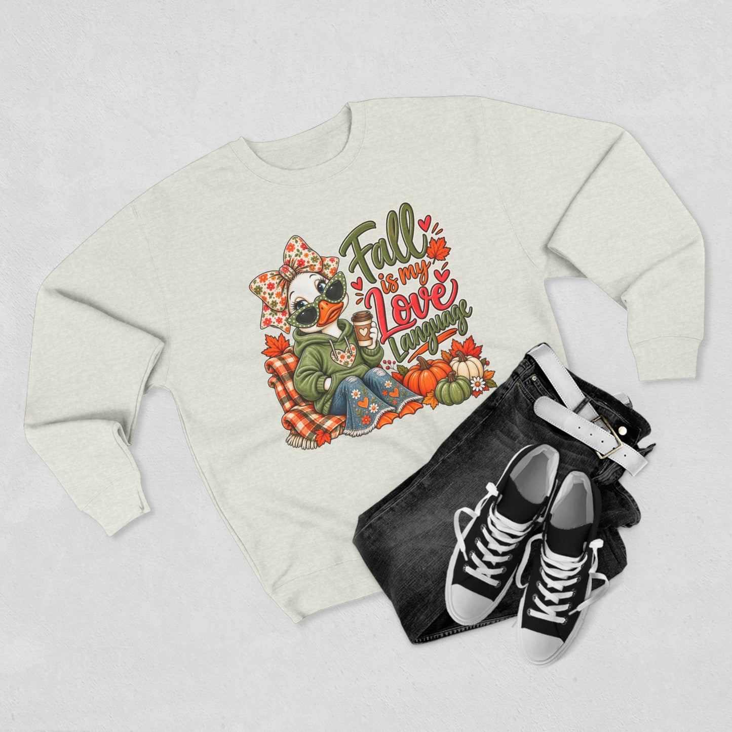 Fall Is My Love Language Sweatshirt — Cozy Autumn Duck Design with Pumpkins