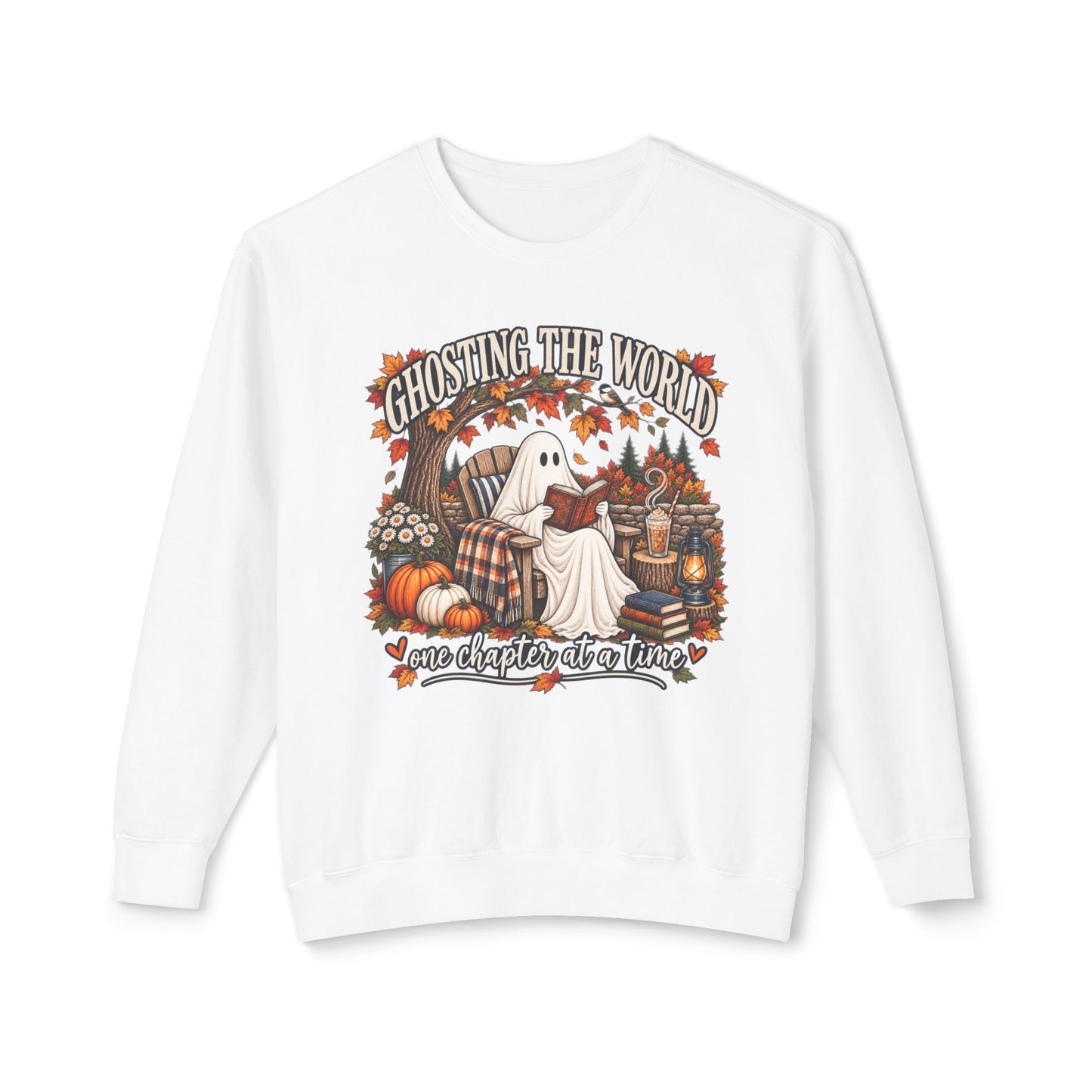 Ghosting the World fall ghost scene Sweatshirt | pumpkin, autumn leaves, spooky quote