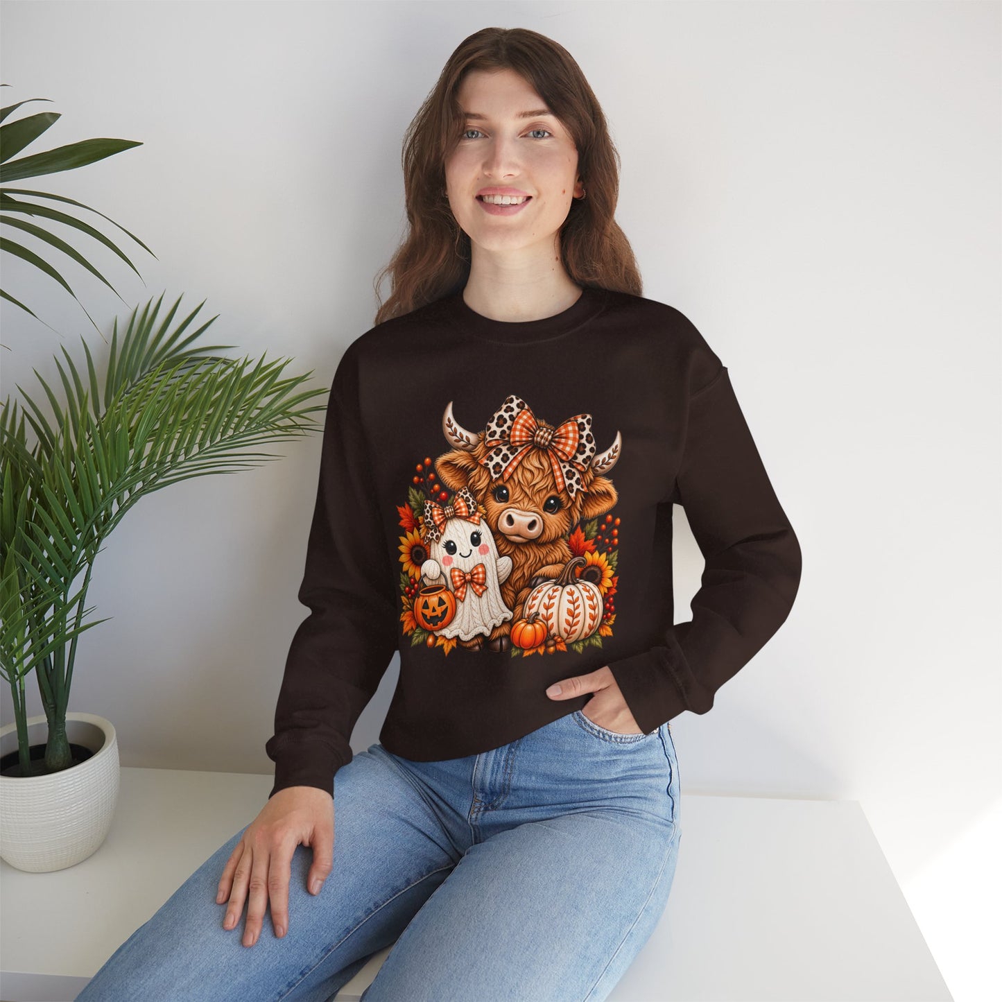 Autumn Highland Cow & Ghost Crewneck Sweatshirt — Cute Halloween Fall Graphic