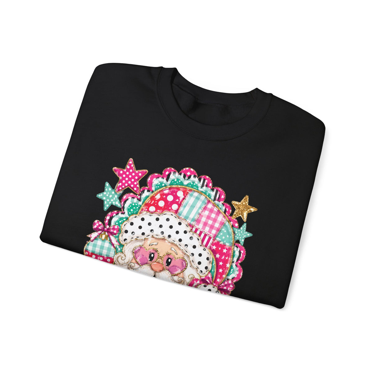 Pink Patchwork Santa Sweatshirt — Cute Christmas Crewneck for Women & Kids