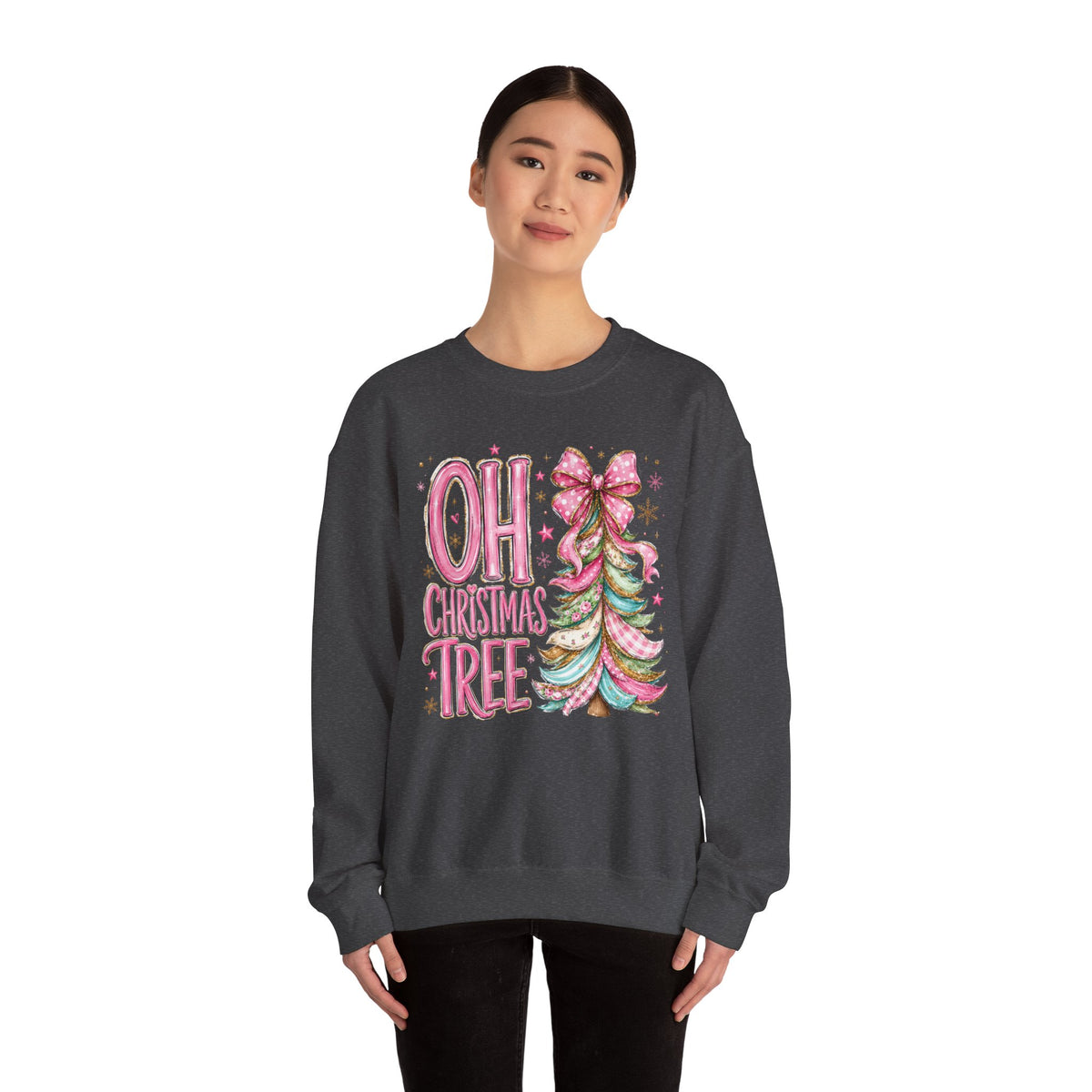 Oh Christmas Tree Sweatshirt | Pink Bow Christmas Crewneck for Women | Girly Holiday Graphic Sweatshirt