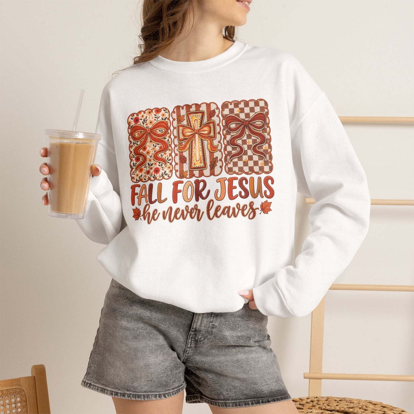Crewneck Sweatshirt — Fall For Jesus Graphic, Autumn Leaves Faith Sweatshirt
