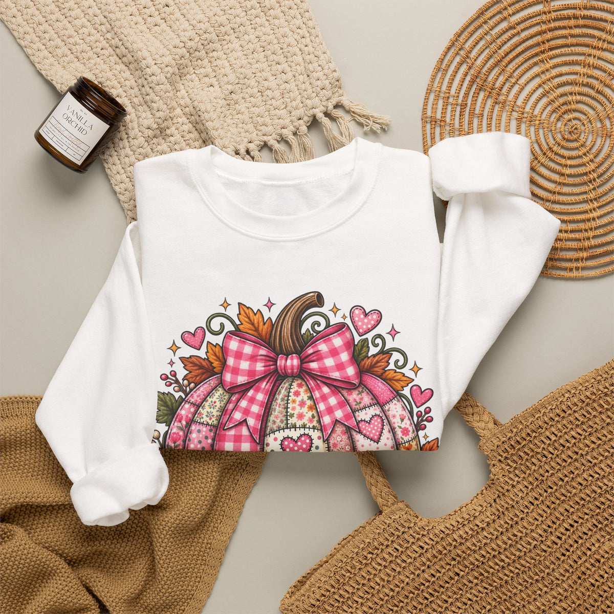 Hey Pumpkin Sweatshirt — Pink Plaid Pumpkin Crewneck for Fall & Valentine’s