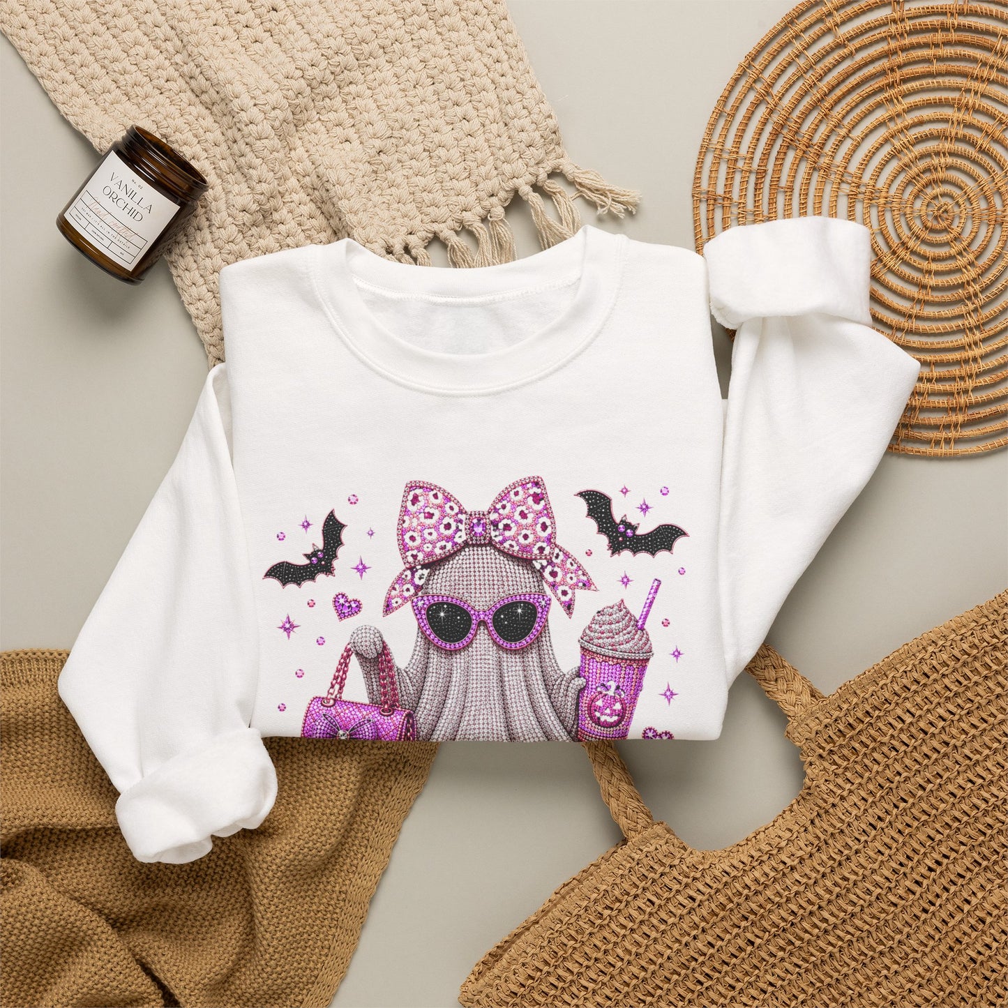 Spooky Season Ghost Crewneck Sweatshirt — Cute Pink Halloween Graphic