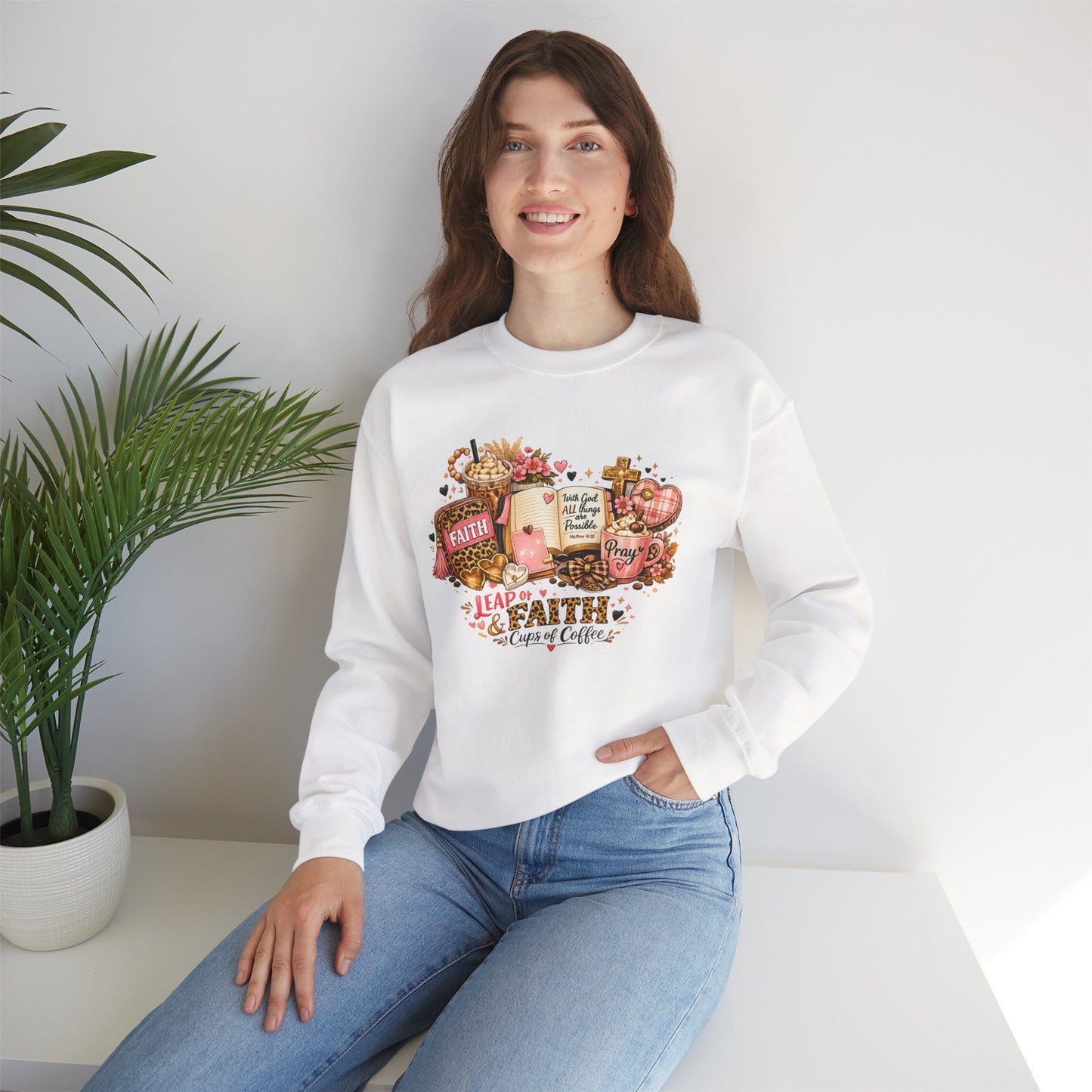 Faith & Coffee Crewneck Sweatshirt — 'Leap of Faith' Christian Cozy Pullover