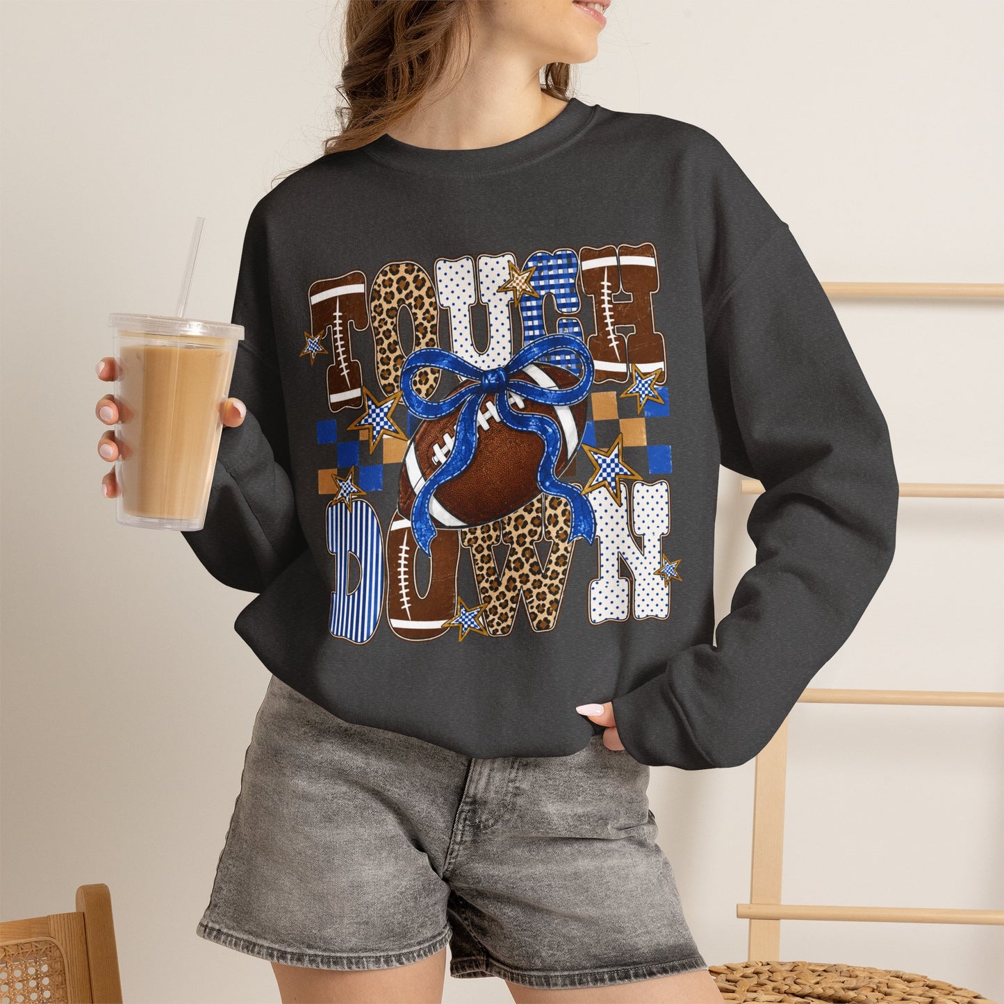 Touchdown Football Crewneck Sweatshirt — Blue & Leopard Print Game Day Pullover