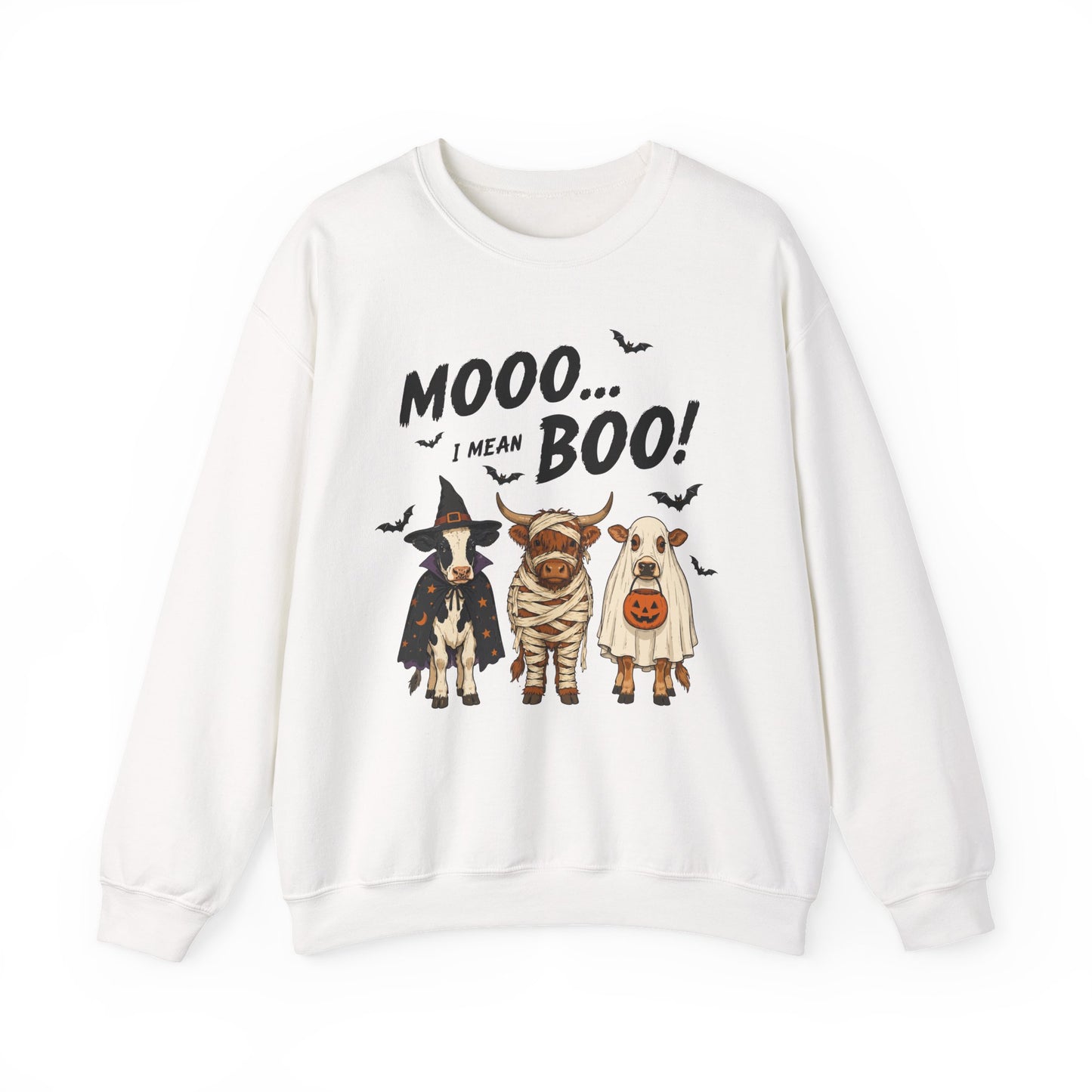 Halloween Cow Crewneck Sweatshirt — "Mooo... I Mean Boo!" Cute Farm Animals Costume Pullover