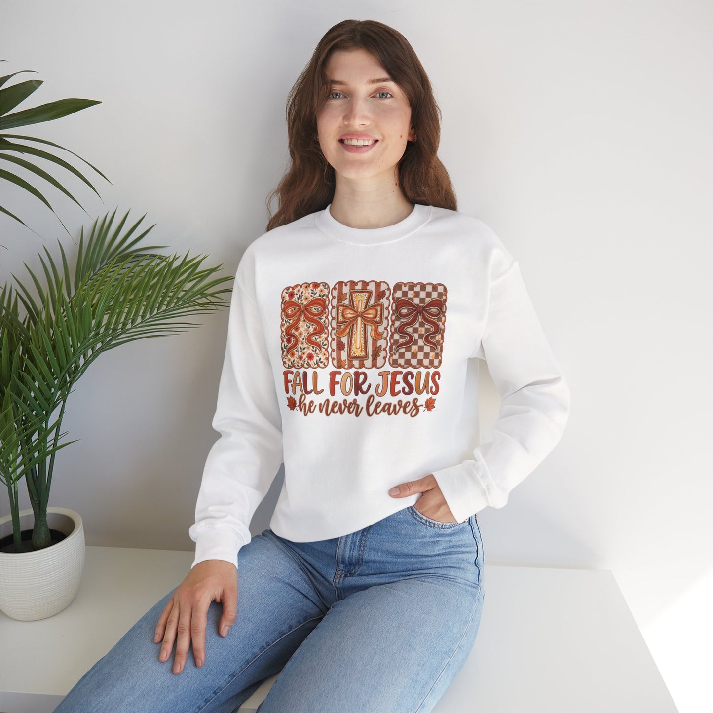 Crewneck Sweatshirt — Fall For Jesus Graphic, Autumn Leaves Faith Sweatshirt