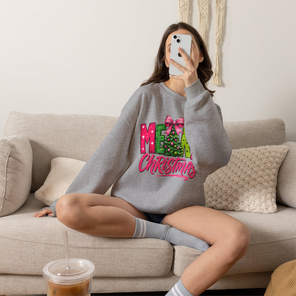 Crewneck Sweatshirt — Merry Christmas Pink & Green Holiday Tree Graphic