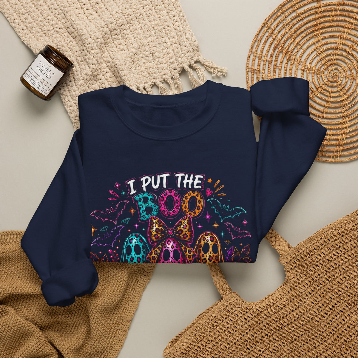 Halloween Crewneck Sweatshirt - "I Put the Boo in Boo-tee" Colorful Ghosts
