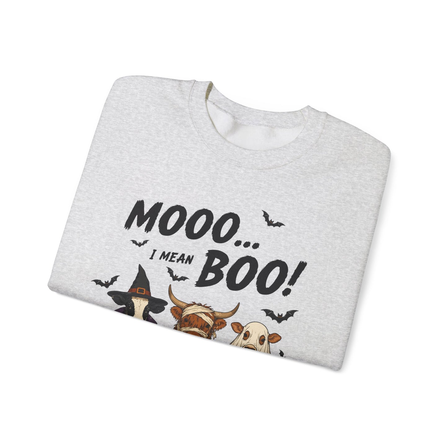 Halloween Cow Crewneck Sweatshirt — "Mooo... I Mean Boo!" Cute Farm Animals Costume Pullover