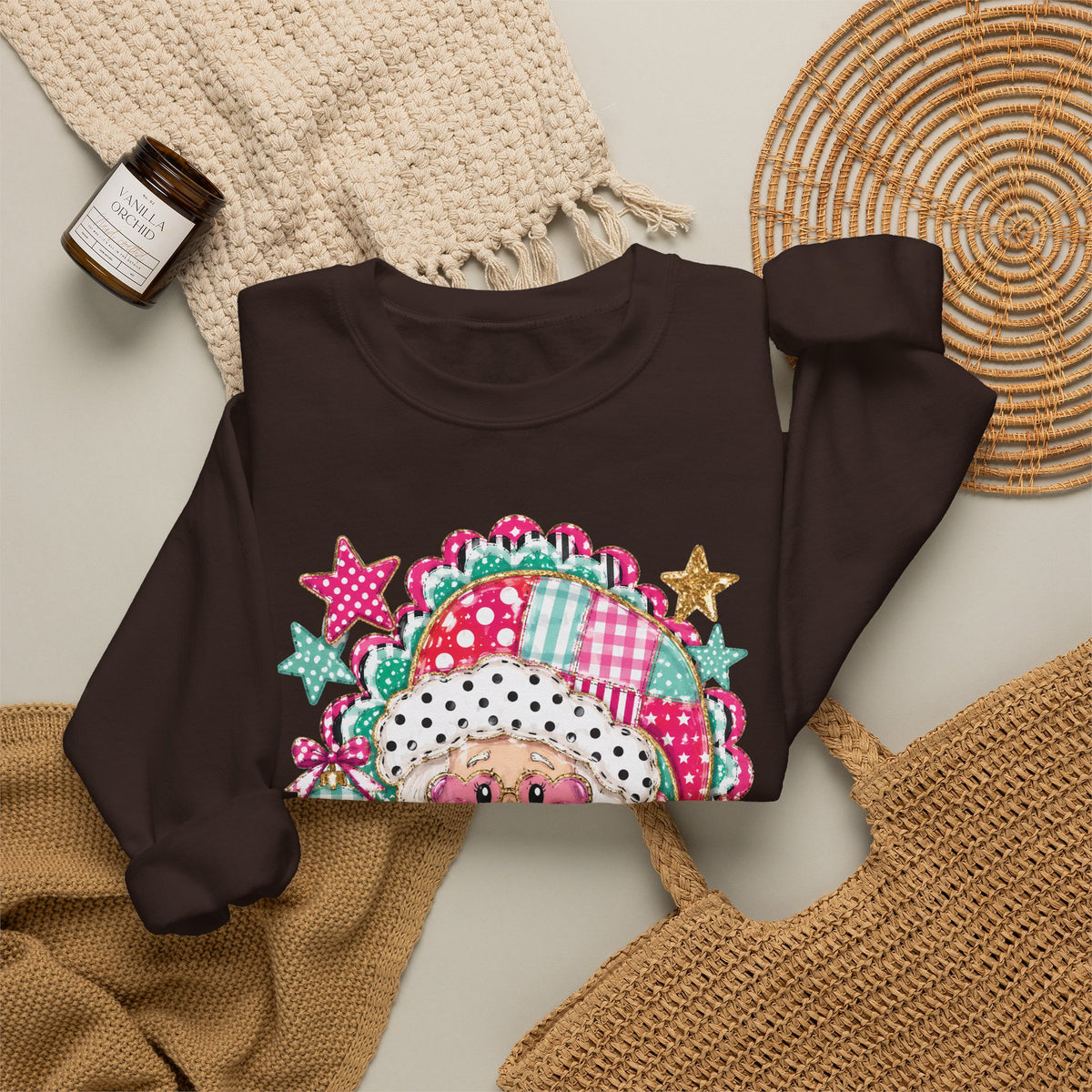 Pink Patchwork Santa Sweatshirt — Cute Christmas Crewneck for Women & Kids