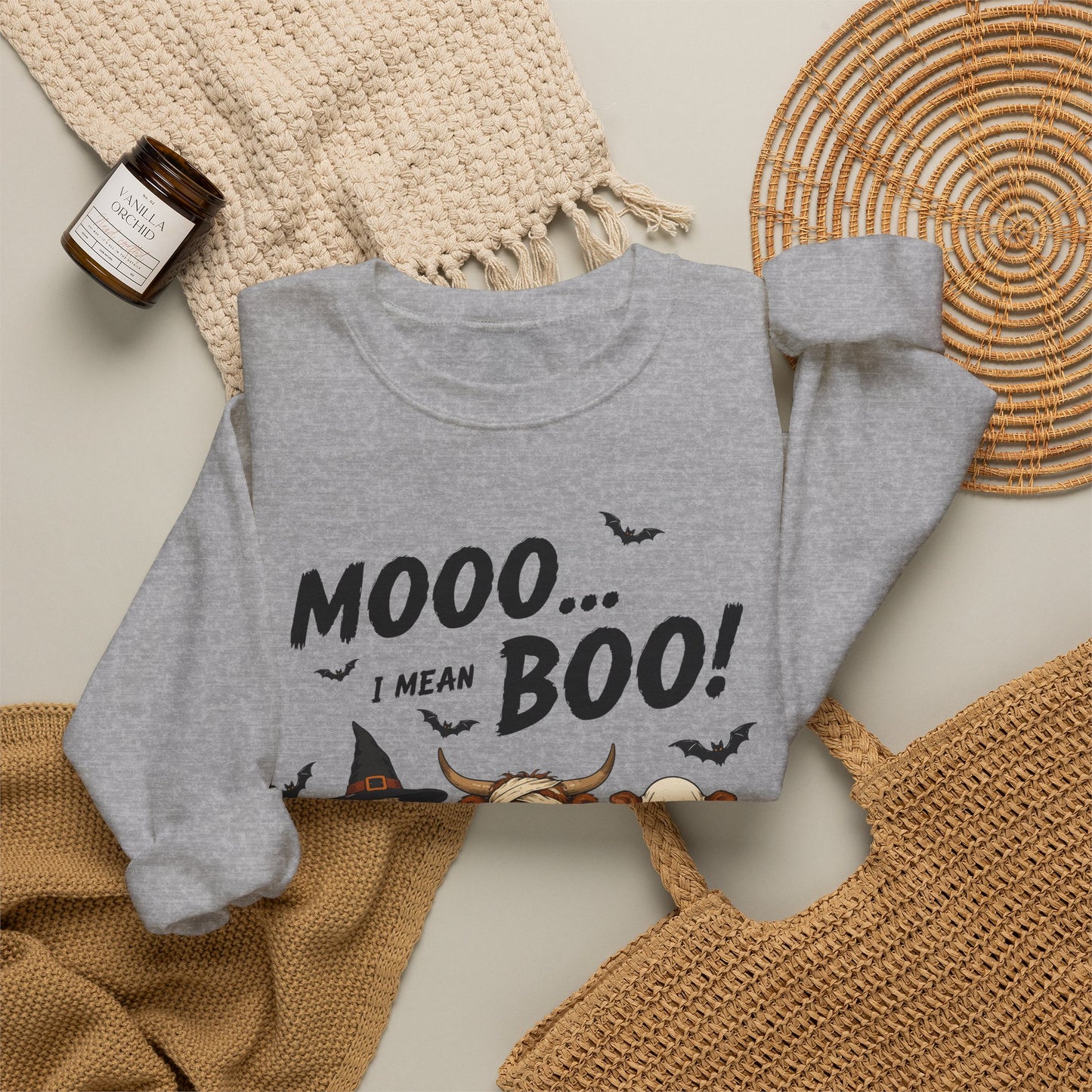 Halloween Cow Crewneck Sweatshirt — "Mooo... I Mean Boo!" Cute Farm Animals Costume Pullover