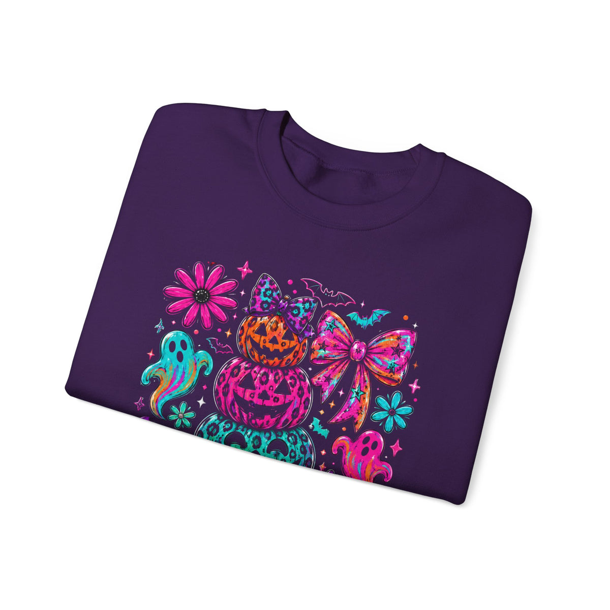 Spooky Season Sweatshirt — Colorful Neon Halloween Pumpkin & Ghost Crewneck