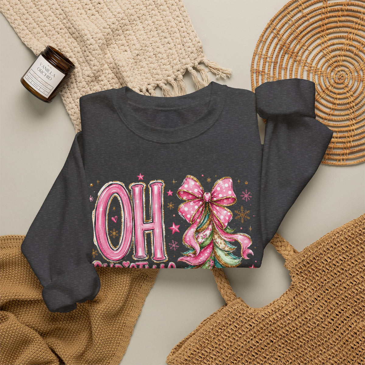 Oh Christmas Tree Sweatshirt | Pink Bow Christmas Crewneck for Women | Girly Holiday Graphic Sweatshirt