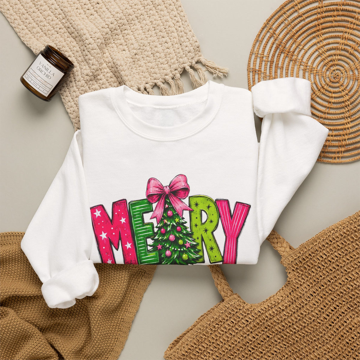 Crewneck Sweatshirt — Merry Christmas Pink & Green Holiday Tree Graphic