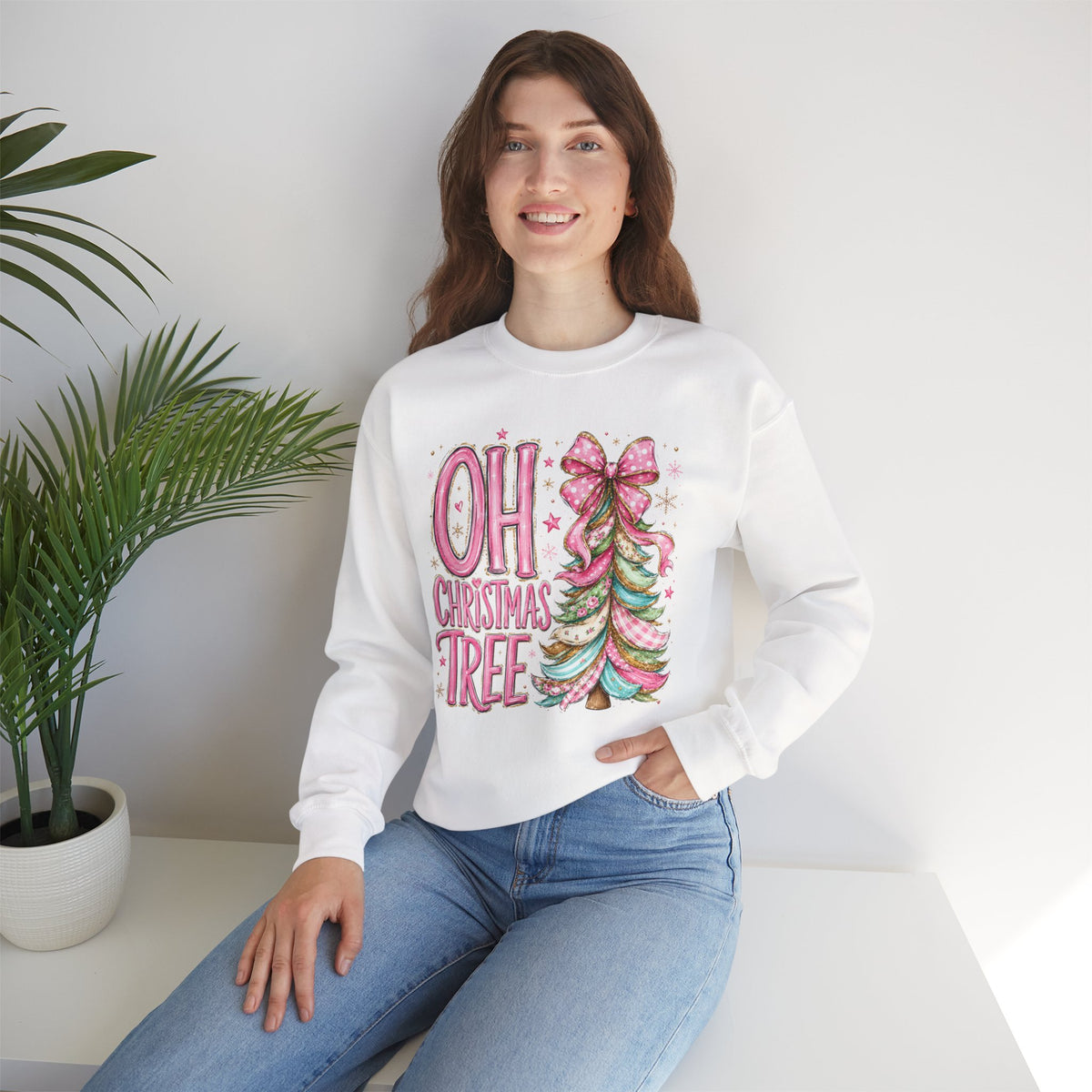 Oh Christmas Tree Sweatshirt | Pink Bow Christmas Crewneck for Women | Girly Holiday Graphic Sweatshirt