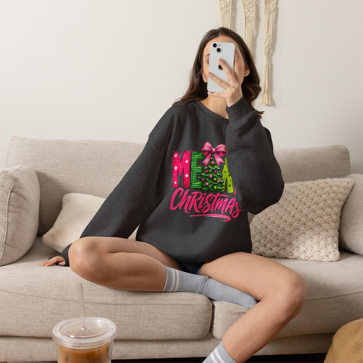 Crewneck Sweatshirt — Merry Christmas Pink & Green Holiday Tree Graphic